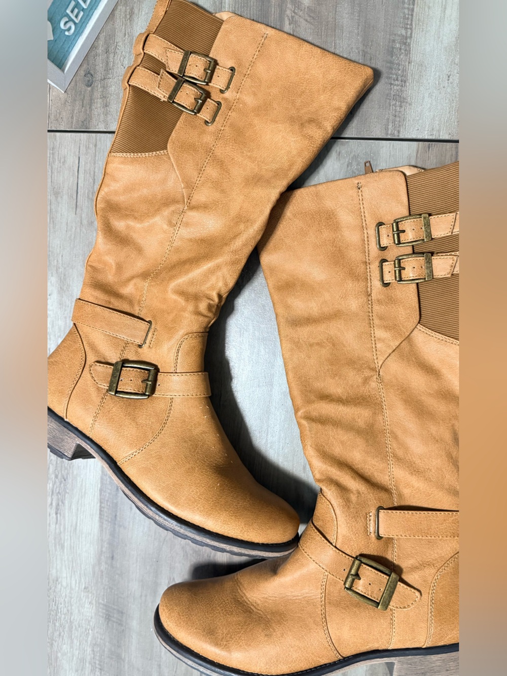 BareTraps Tan Mid-Calf Buckle Heeled Boots